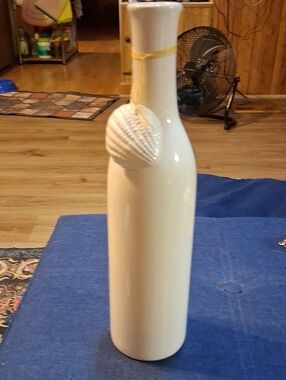 Vintage Cream Ceramic Bottle Vase with Shell Accent